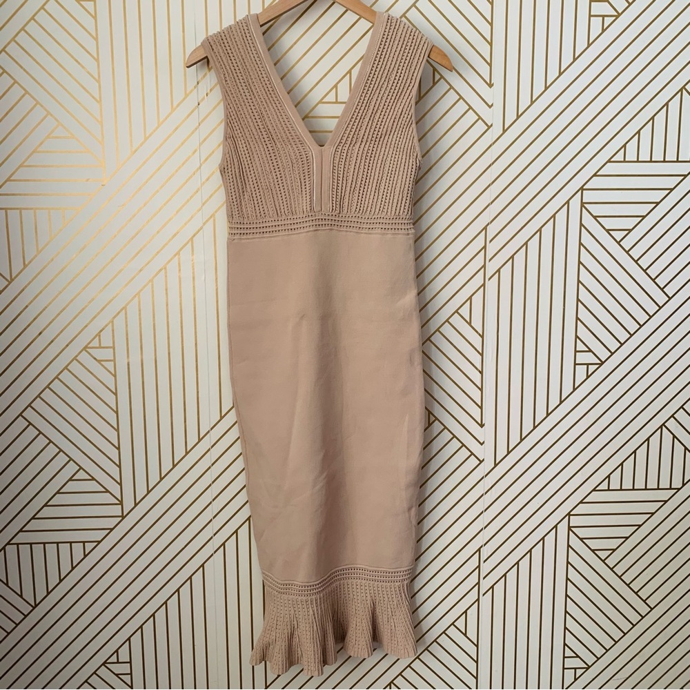 NY&Co Eva Mendes Trumpet Mermaid Knit Dress V neck midi sleeveless tan nude S